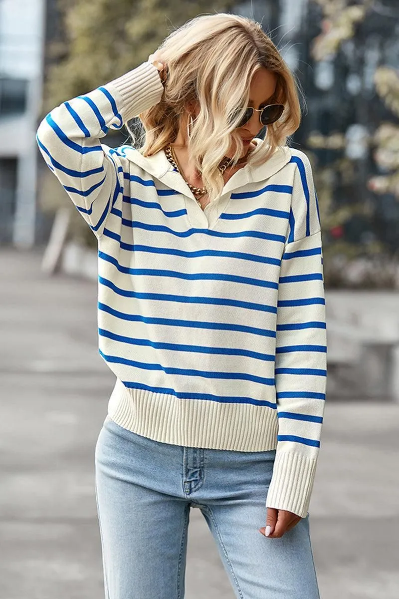 COLOR STRIPE CASUAL COLLAR TOP
