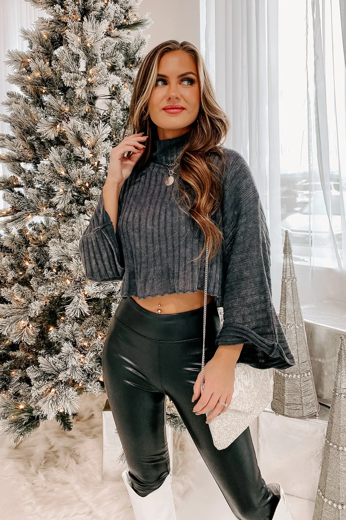 Considering My Options Cropped Turtleneck Sweater (Charcoal)