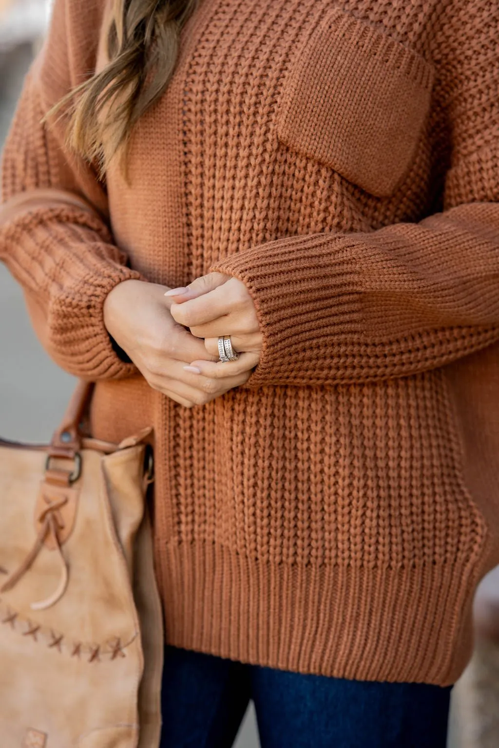 Contrasting Knit Pocket Sweater