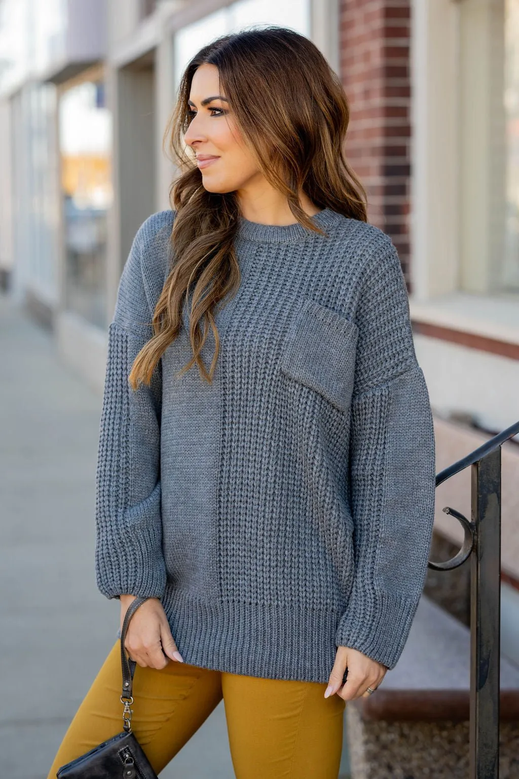 Contrasting Knit Pocket Sweater