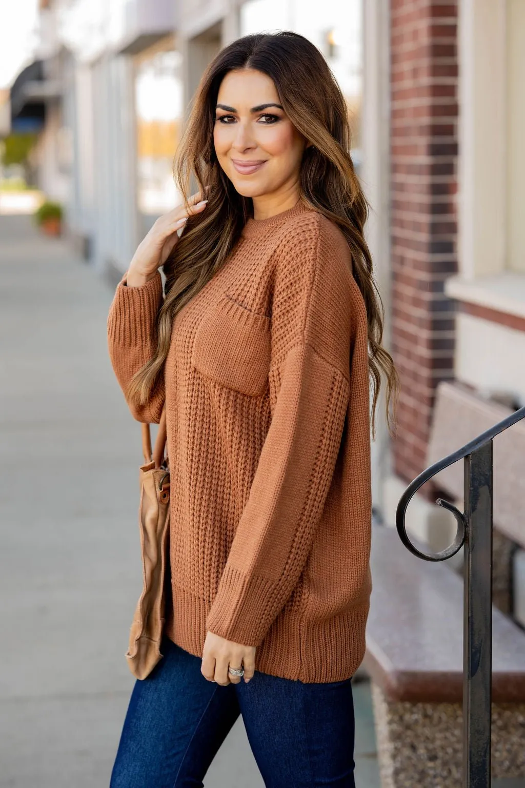 Contrasting Knit Pocket Sweater