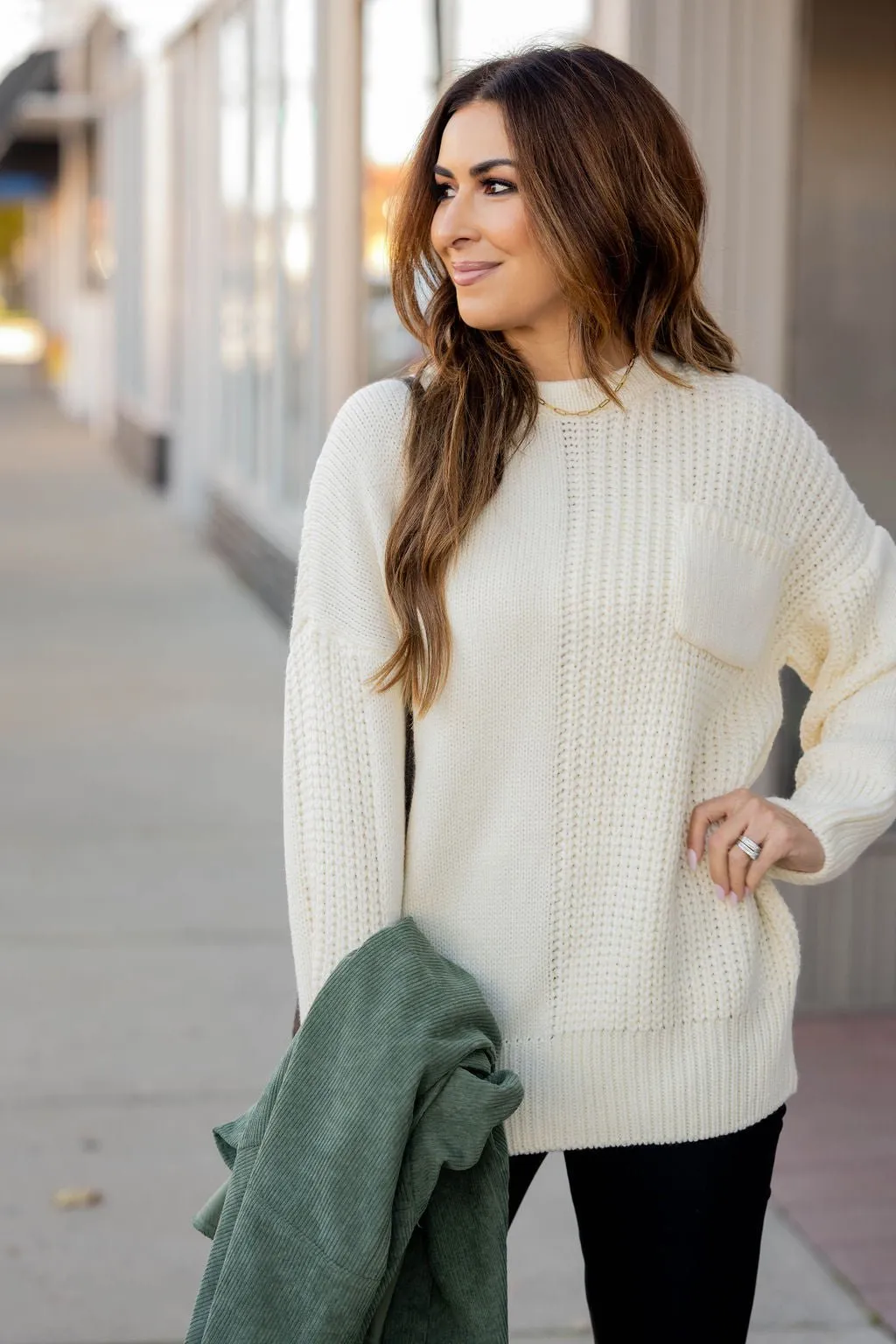Contrasting Knit Pocket Sweater