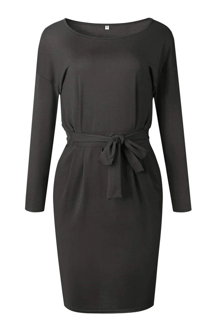 Crewneck Daily Work Party Bodycon Sheath Belted Short Dress