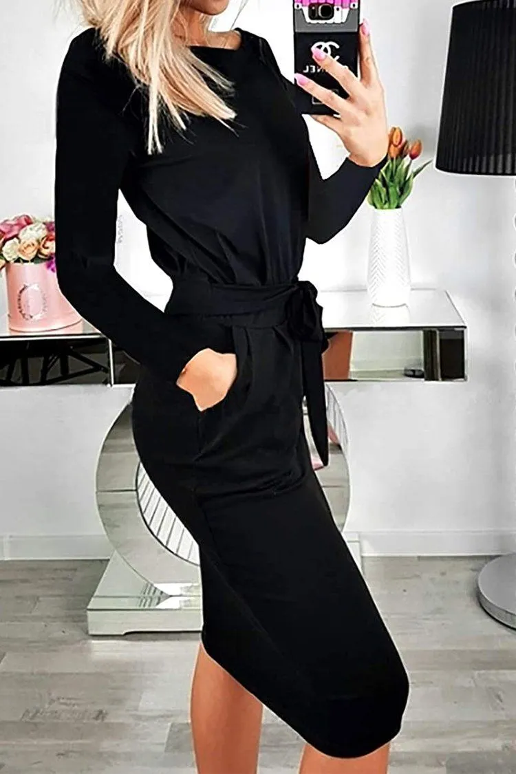 Crewneck Daily Work Party Bodycon Sheath Belted Short Dress