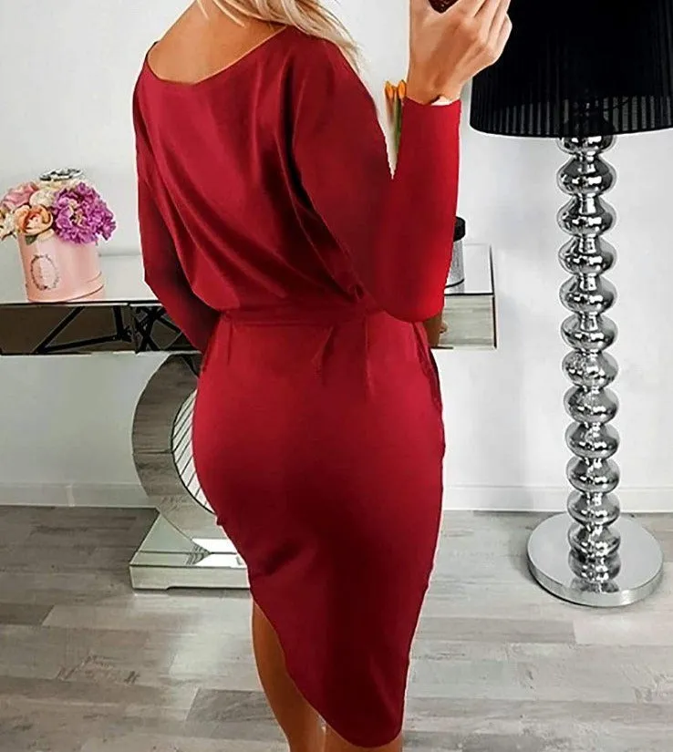 Crewneck Daily Work Party Bodycon Sheath Belted Short Dress