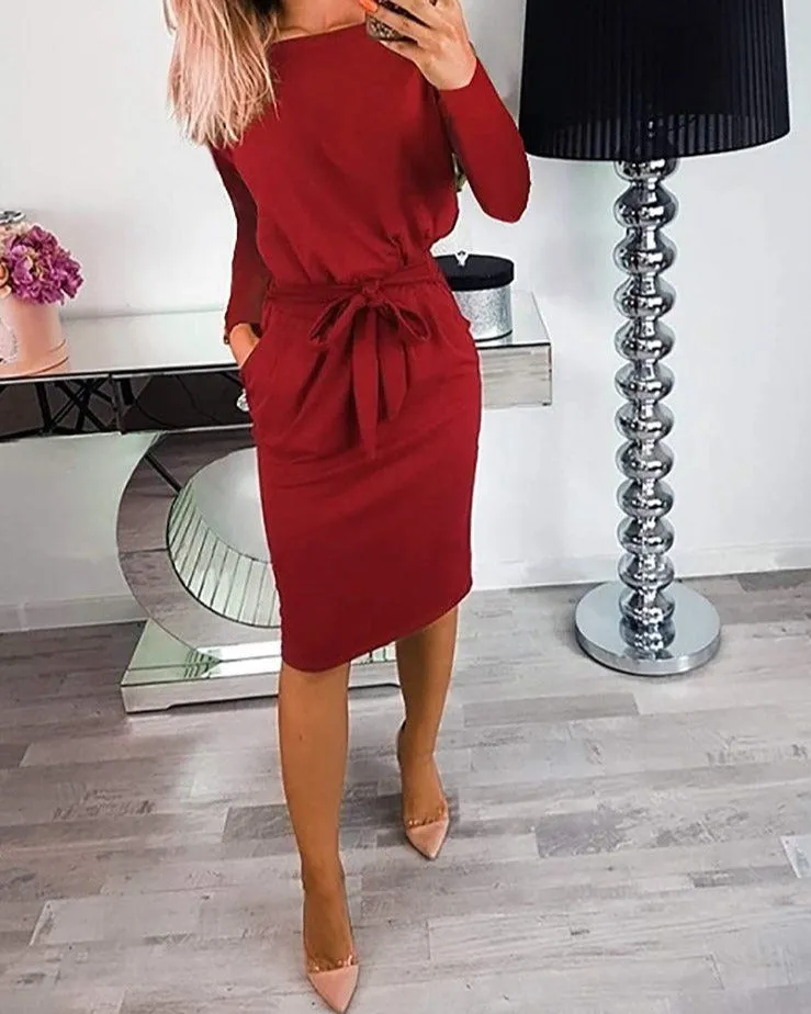 Crewneck Daily Work Party Bodycon Sheath Belted Short Dress