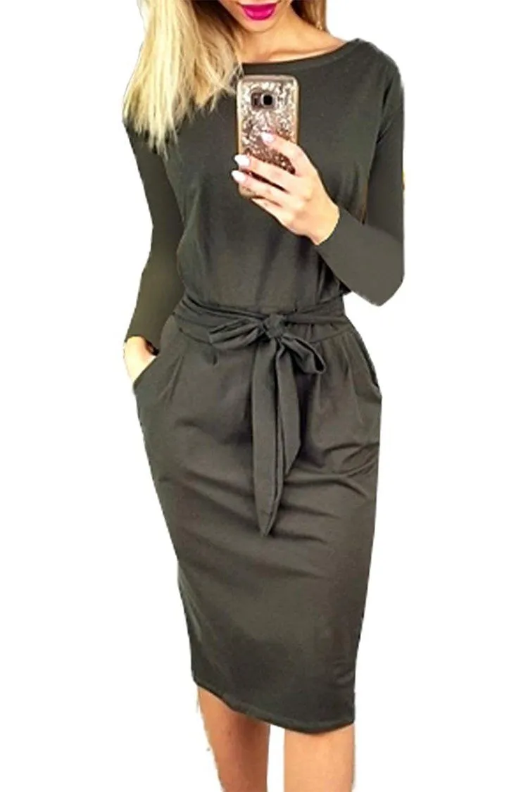 Crewneck Daily Work Party Bodycon Sheath Belted Short Dress