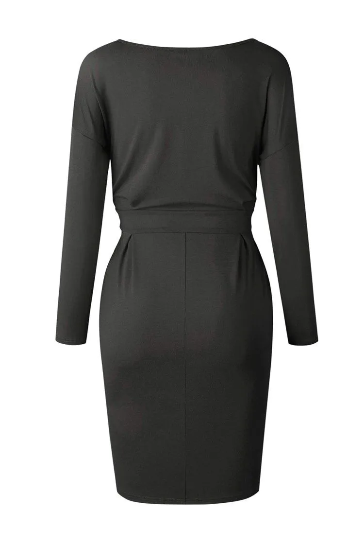 Crewneck Daily Work Party Bodycon Sheath Belted Short Dress