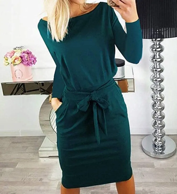 Crewneck Daily Work Party Bodycon Sheath Belted Short Dress