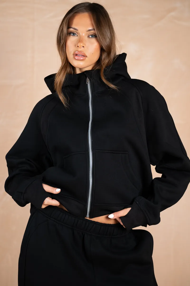 Extended Neck Multi-Panel Hoodie - Black