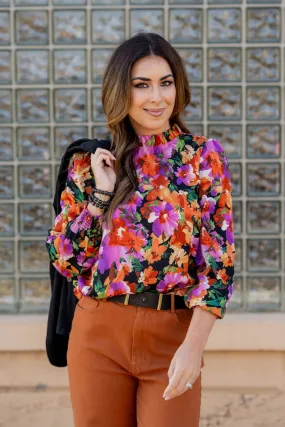 Fancy Floral Cinched Trim Blouse