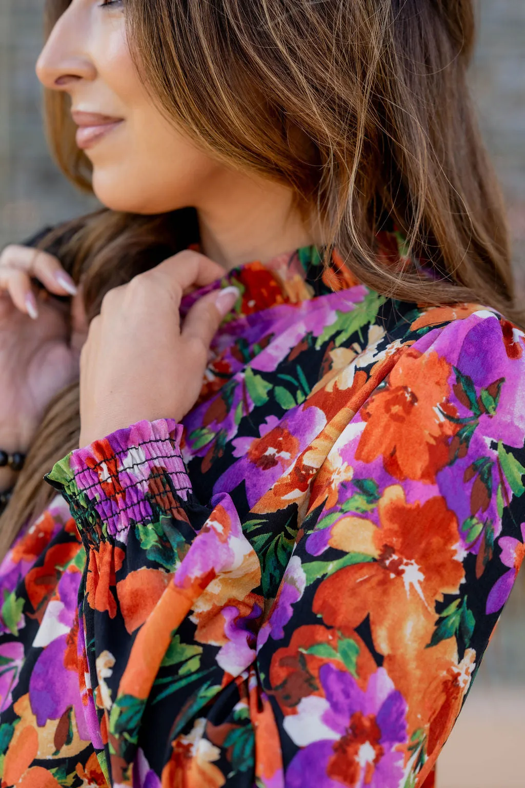Fancy Floral Cinched Trim Blouse