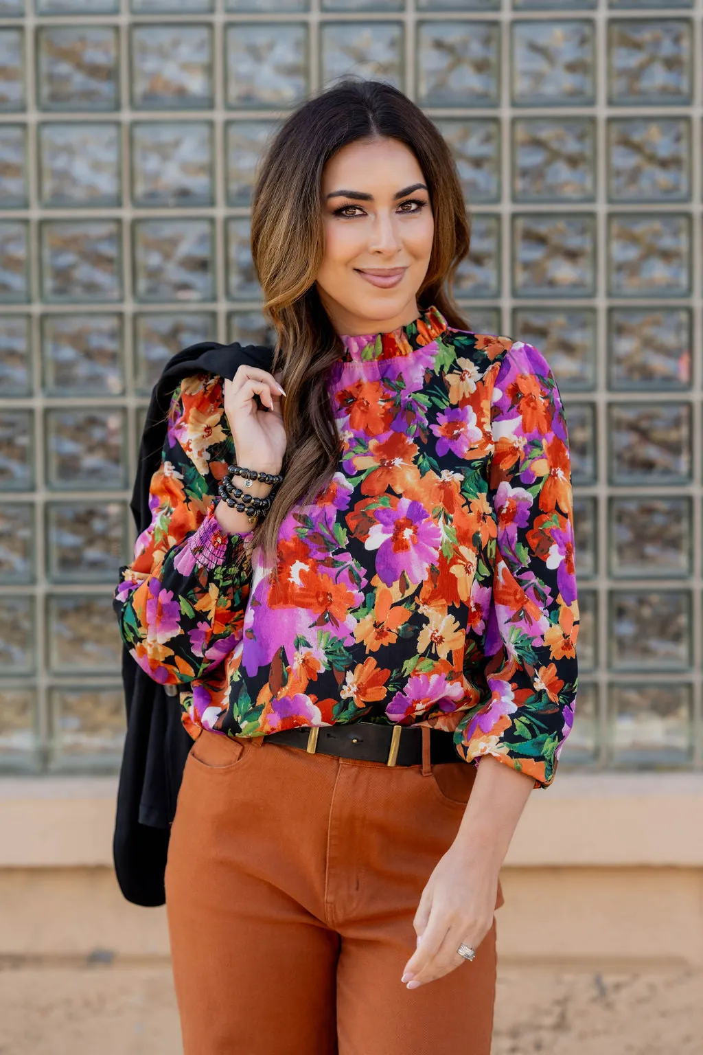 Fancy Floral Cinched Trim Blouse
