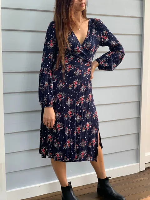 Françoise Black Print Long Sleeve Wrap Dress