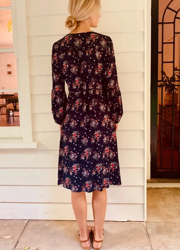 Françoise Black Print Long Sleeve Wrap Dress