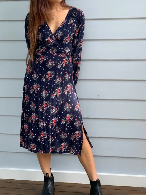 Françoise Black Print Long Sleeve Wrap Dress