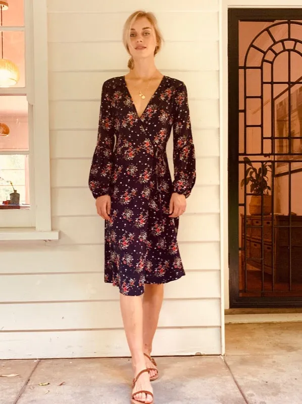 Françoise Black Print Long Sleeve Wrap Dress