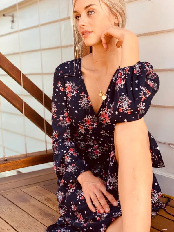 Françoise Black Print Long Sleeve Wrap Dress