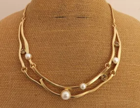 Freshwater Pearl & Frosted Gold Tone Collar Necklace