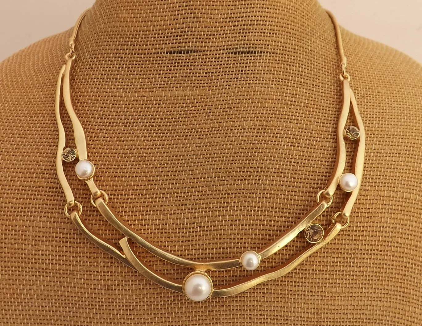 Freshwater Pearl & Frosted Gold Tone Collar Necklace
