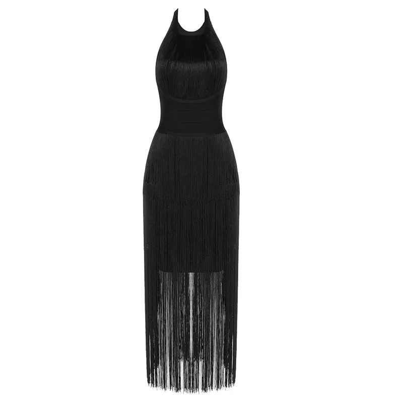 Fringe Trim Halter Neck Bodycon Maxi Dress
