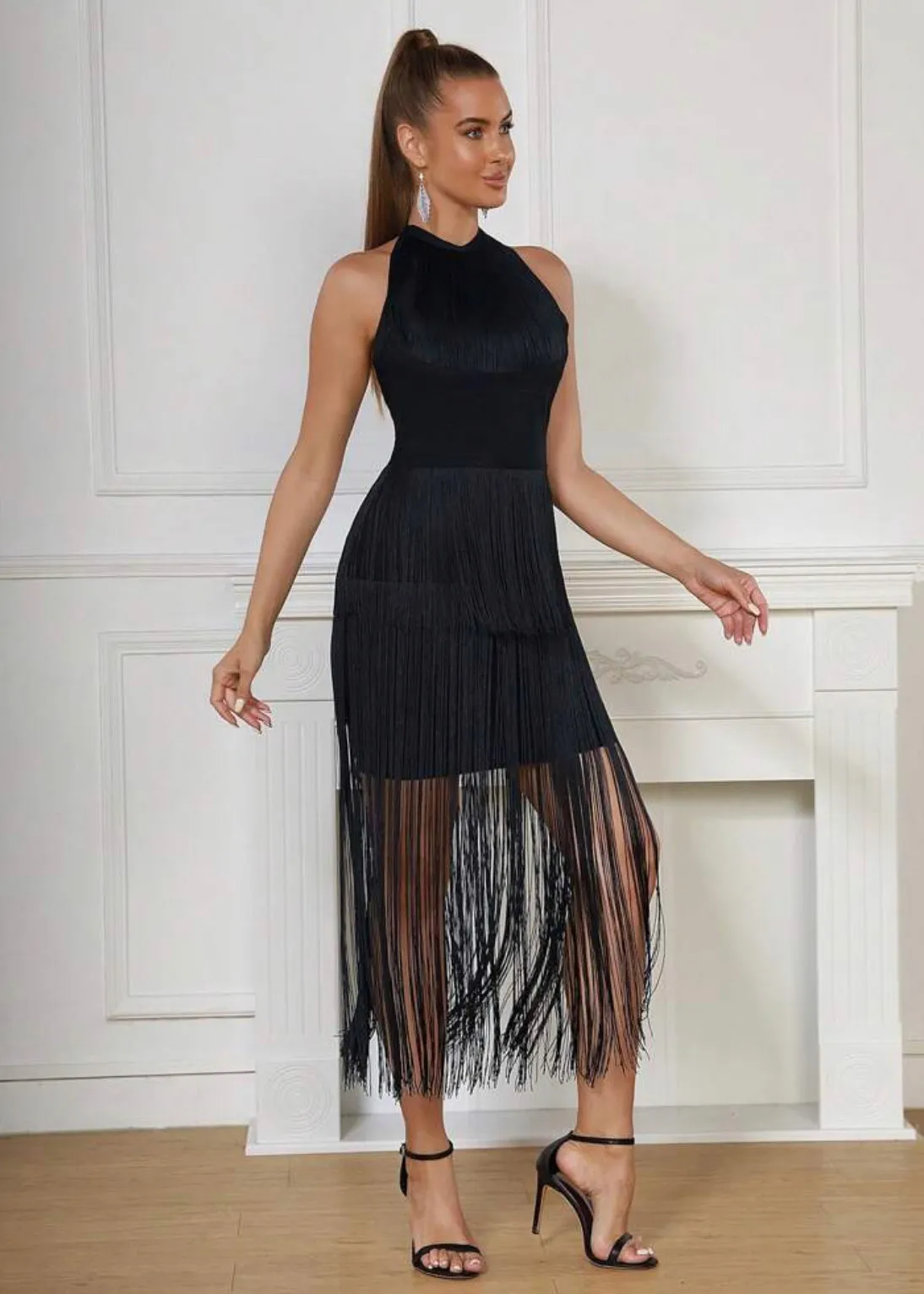 Fringe Trim Halter Neck Bodycon Maxi Dress