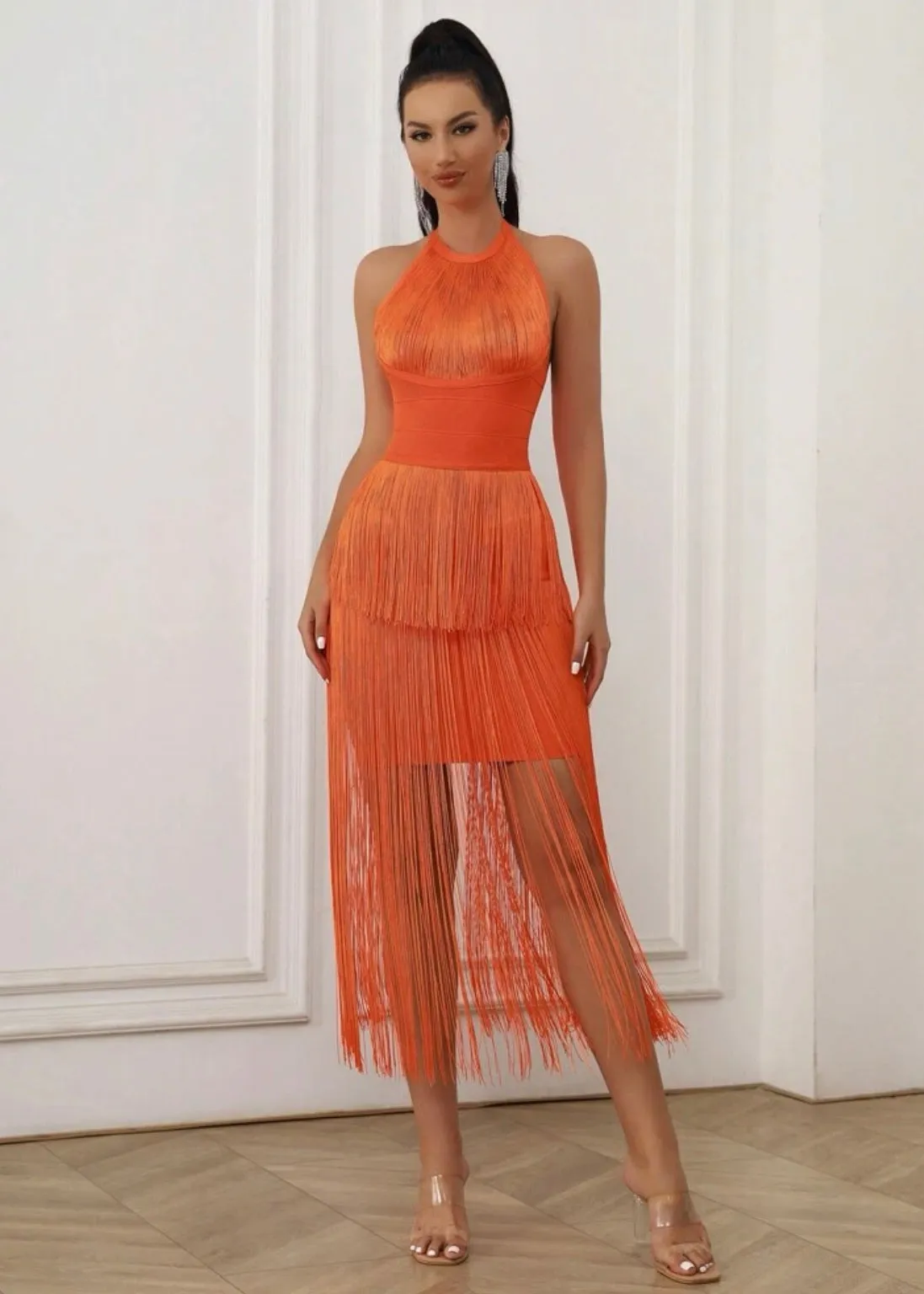 Fringe Trim Halter Neck Bodycon Maxi Dress