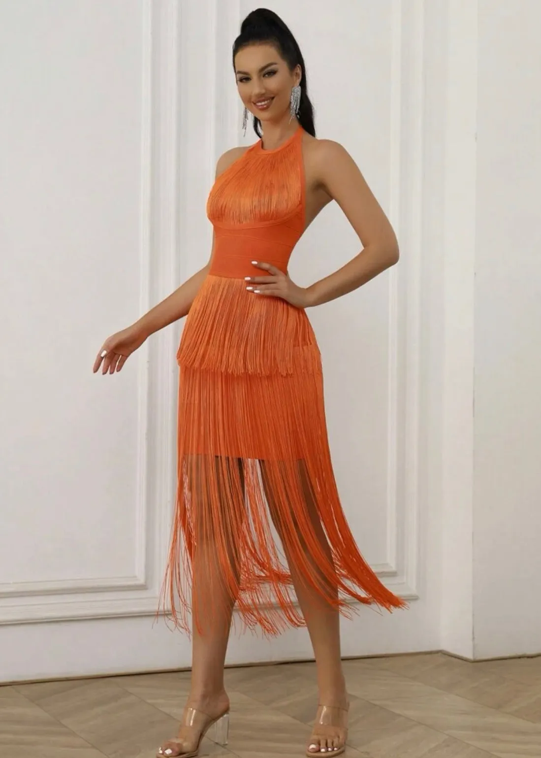 Fringe Trim Halter Neck Bodycon Maxi Dress