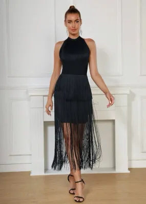 Fringe Trim Halter Neck Bodycon Maxi Dress