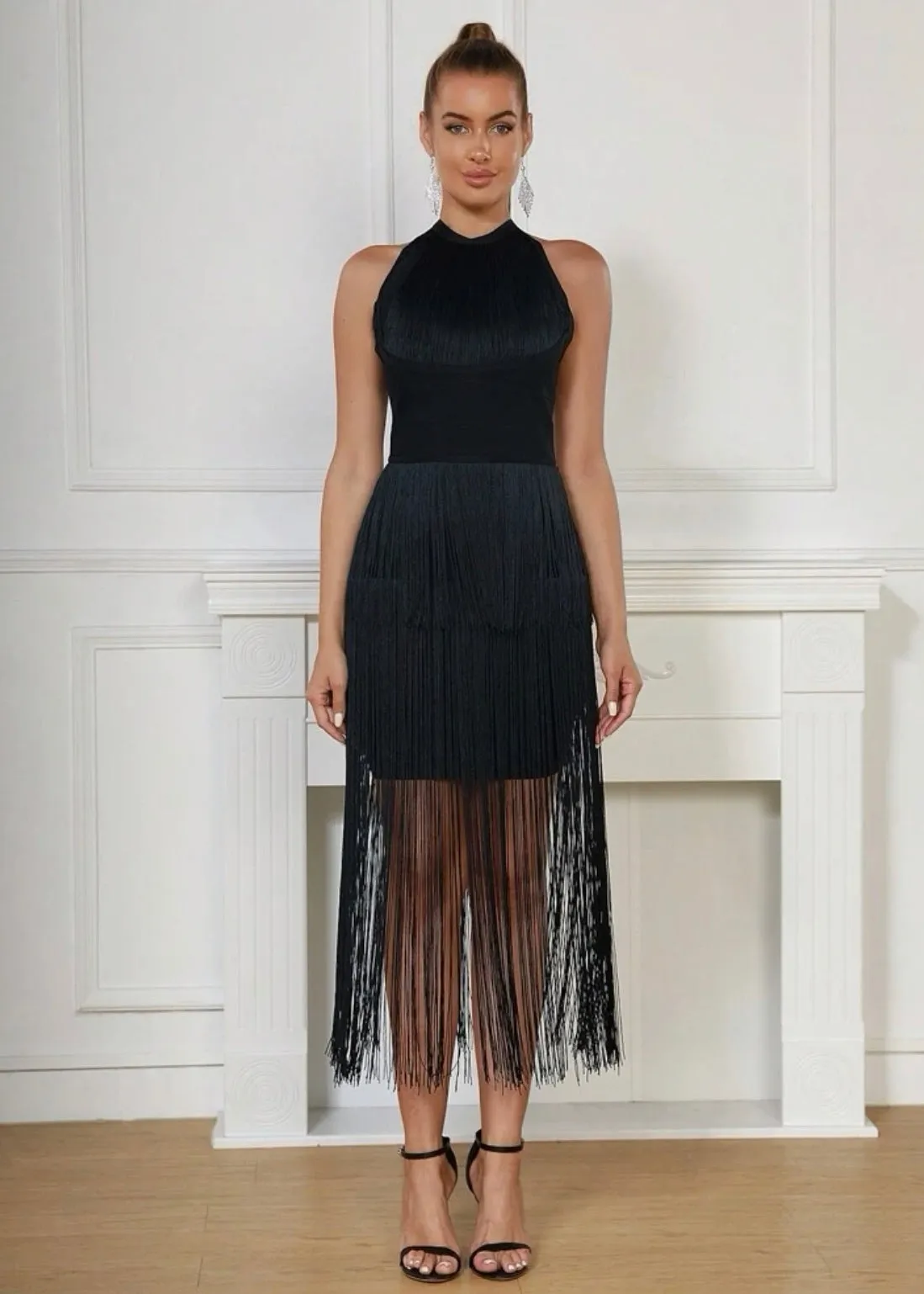 Fringe Trim Halter Neck Bodycon Maxi Dress