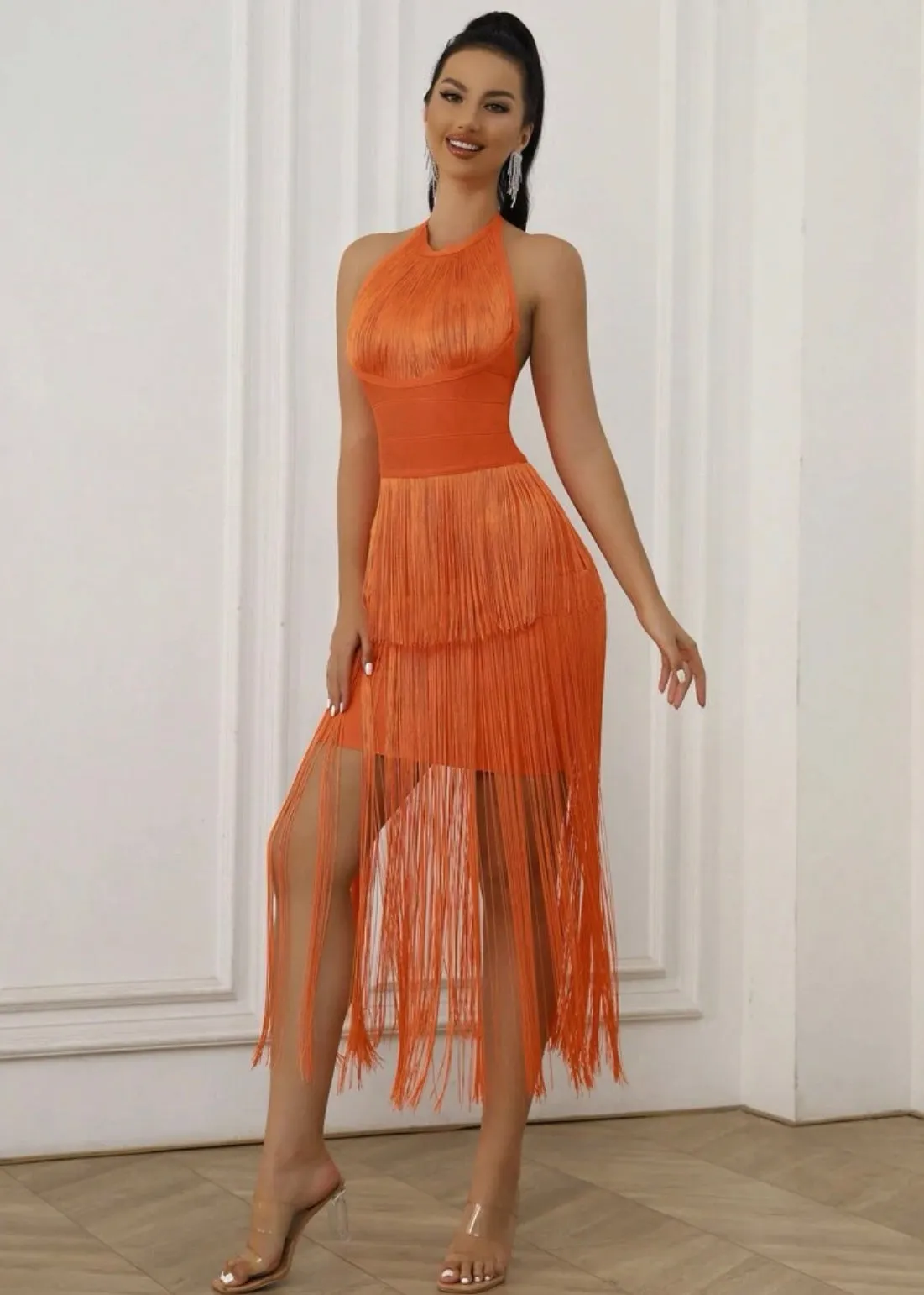 Fringe Trim Halter Neck Bodycon Maxi Dress