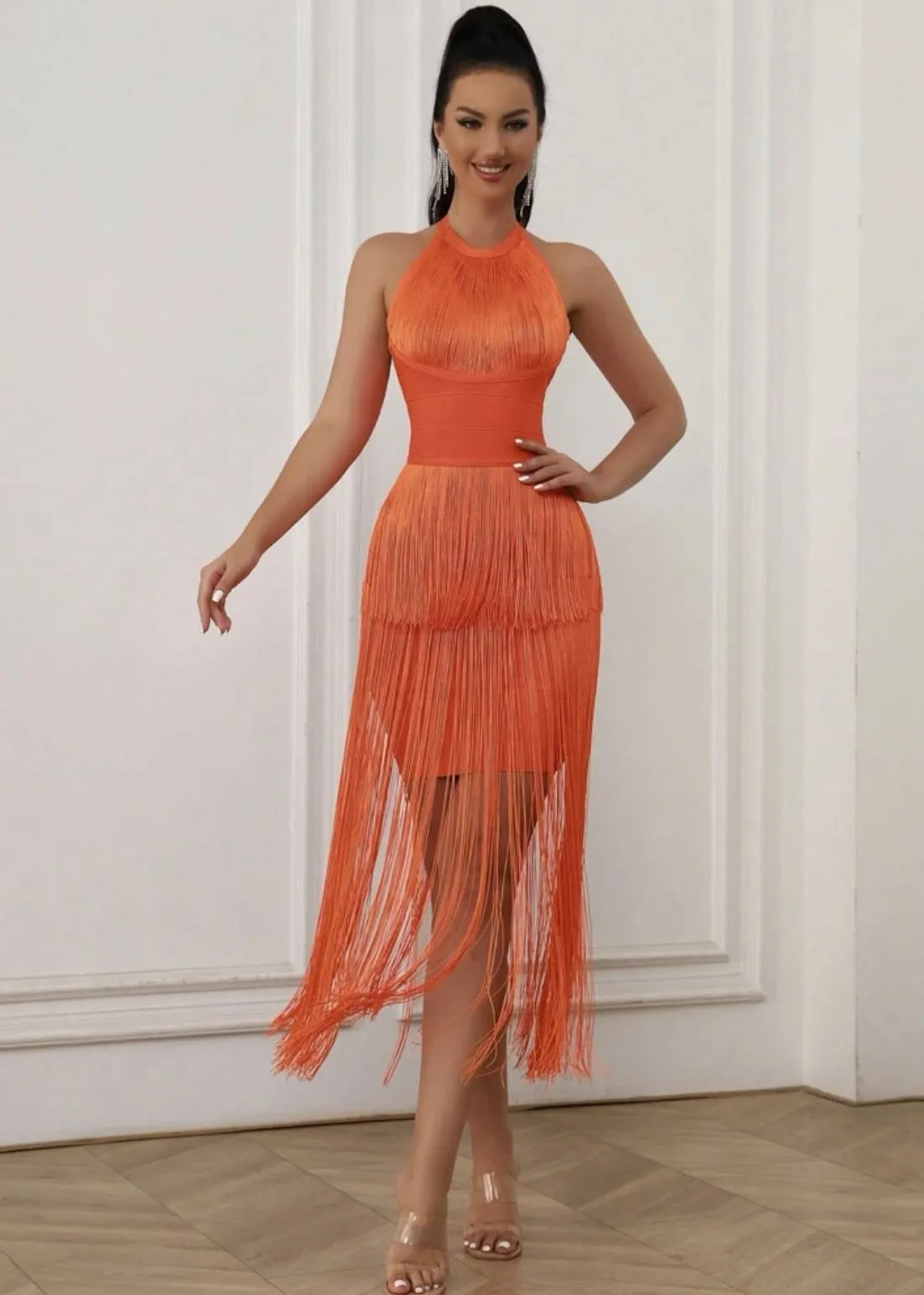 Fringe Trim Halter Neck Bodycon Maxi Dress