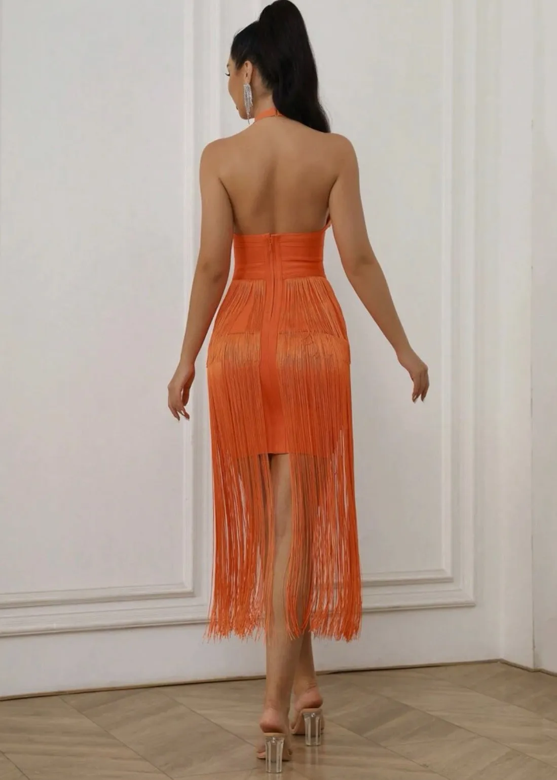 Fringe Trim Halter Neck Bodycon Maxi Dress