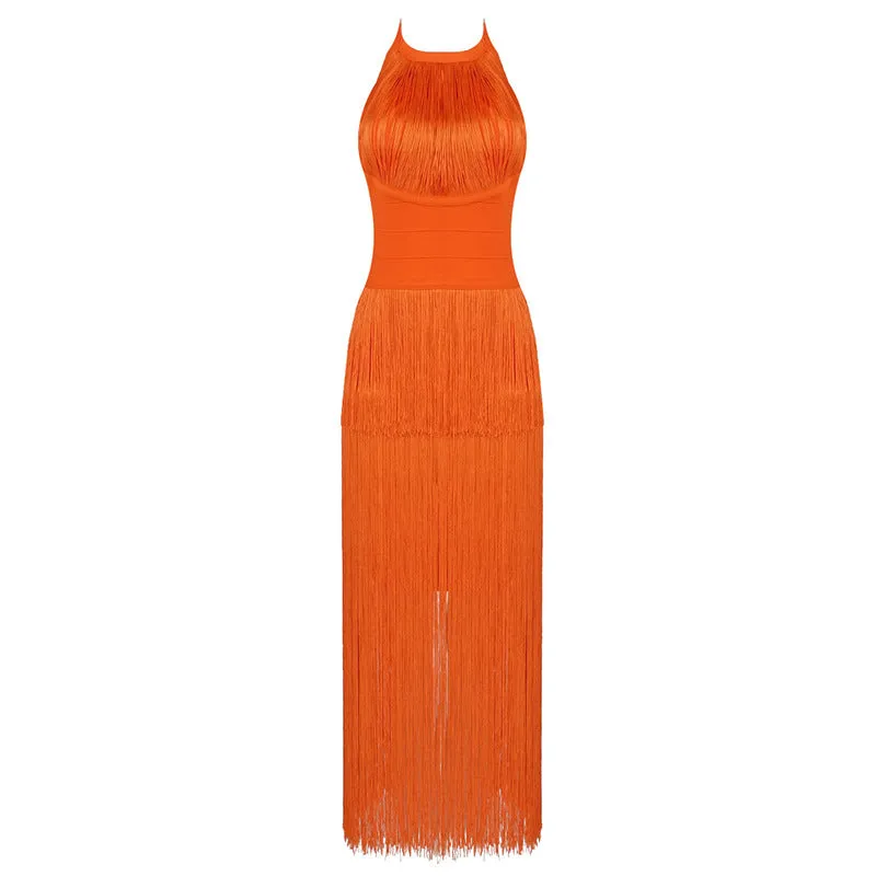 Fringe Trim Halter Neck Bodycon Maxi Dress