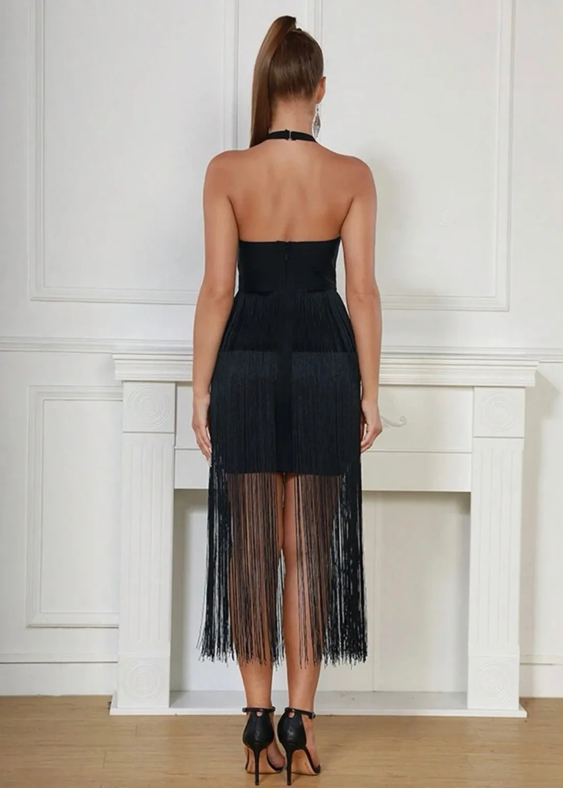 Fringe Trim Halter Neck Bodycon Maxi Dress