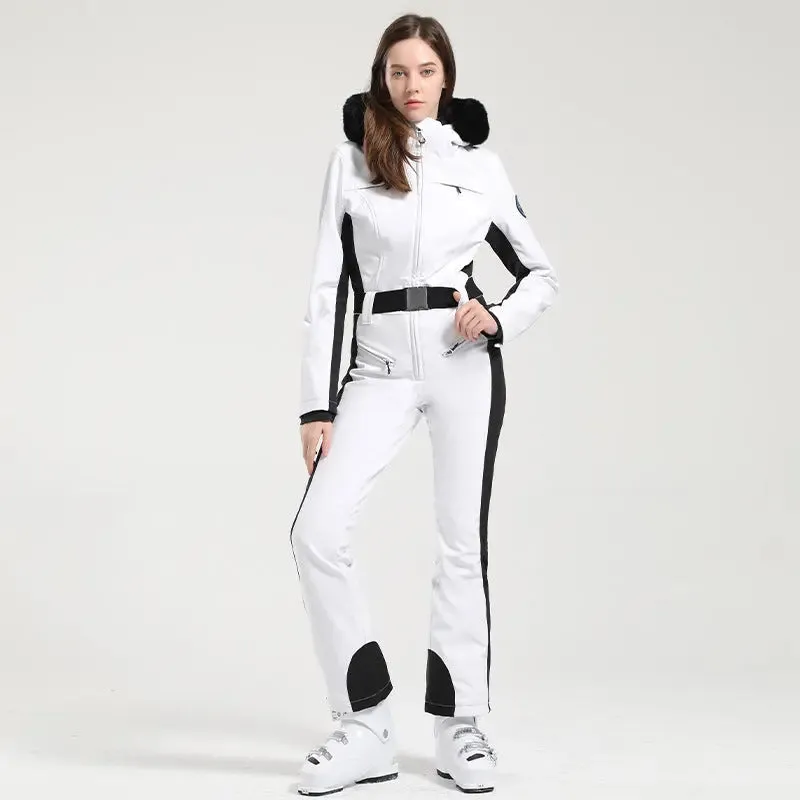 Fur Collar One-piece Ski Snow Jumpsuit Hooded Ski Outwear