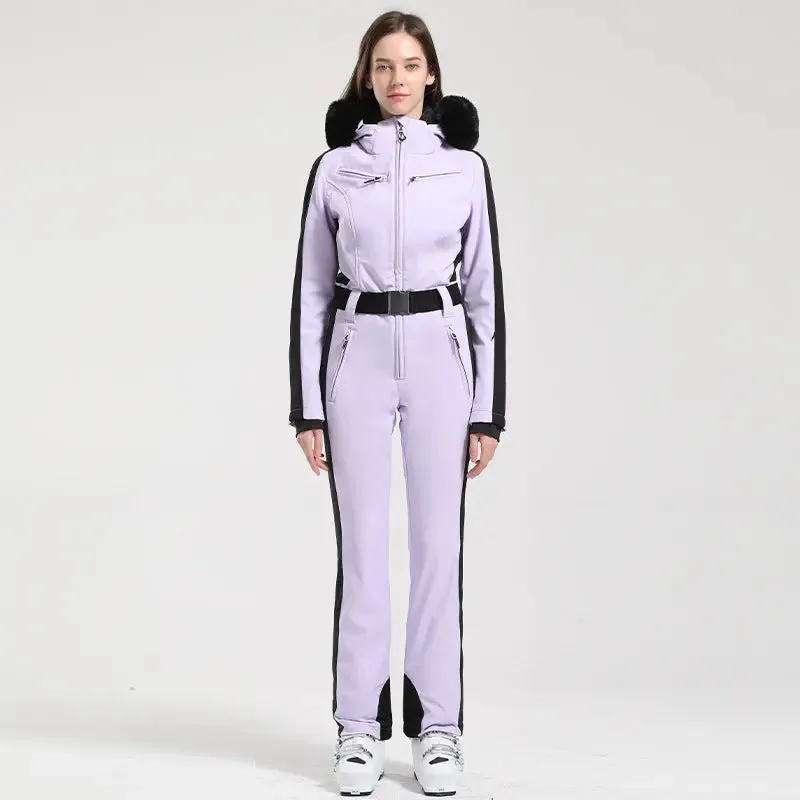 Fur Collar One-piece Ski Snow Jumpsuit Hooded Ski Outwear