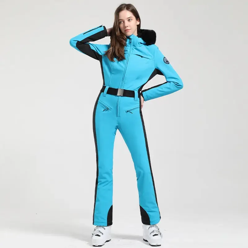 Fur Collar One-piece Ski Snow Jumpsuit Hooded Ski Outwear
