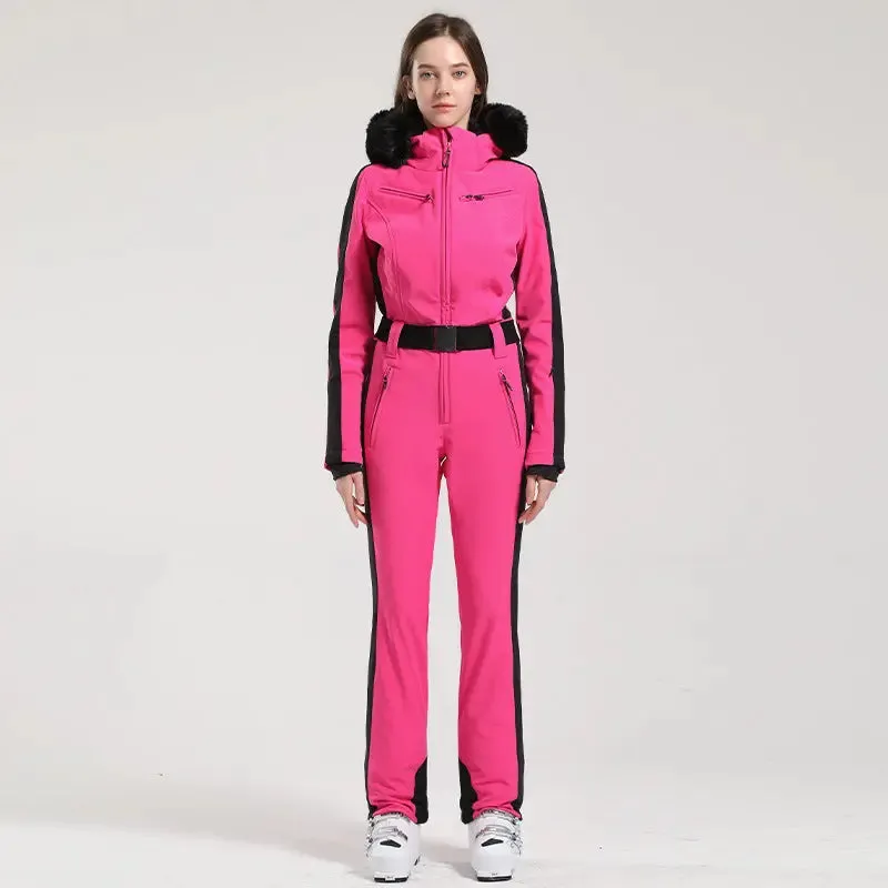 Fur Collar One-piece Ski Snow Jumpsuit Hooded Ski Outwear