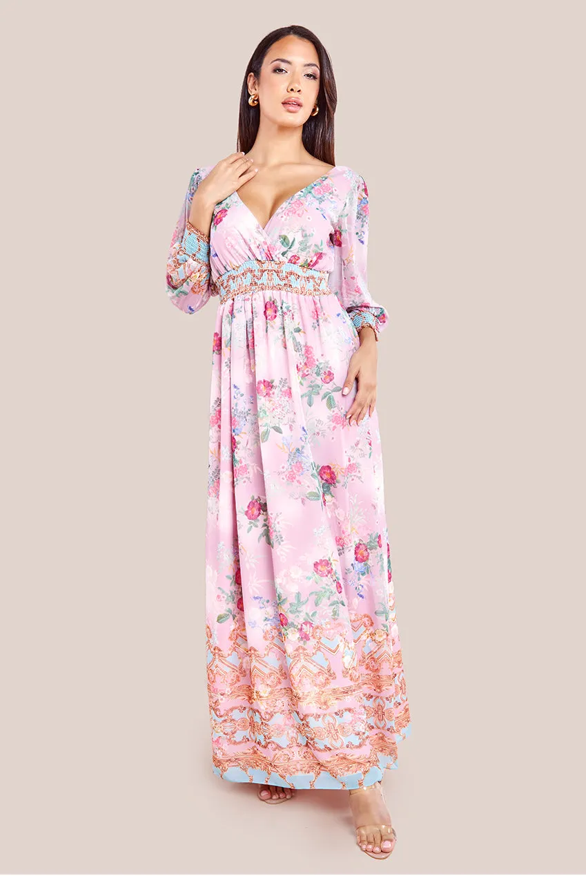 Goddiva Chiffon Wrap Border Floral Print Maxi Dress