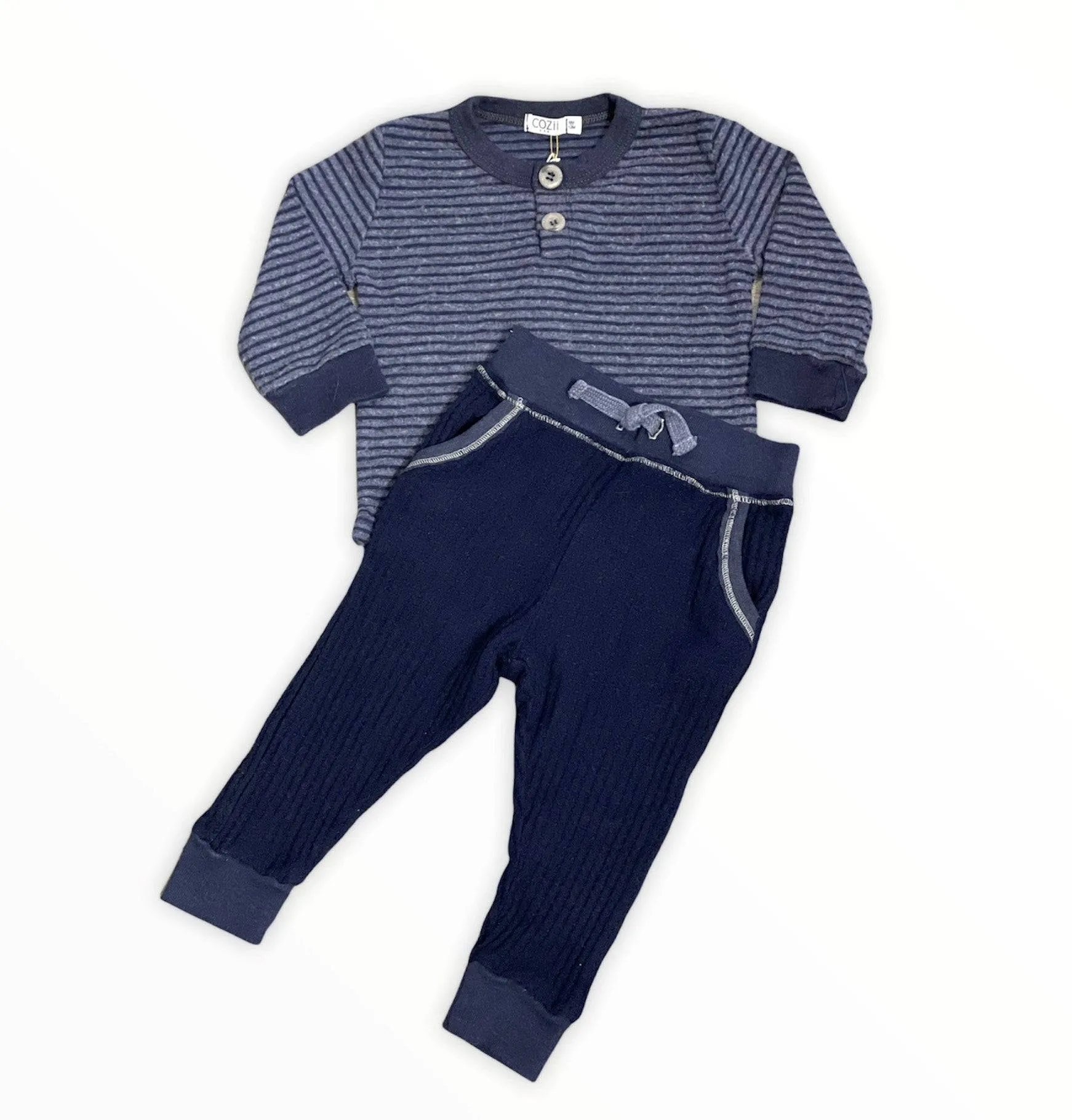 Hacci Stripe Long Sleeve Shirt & Thermal Pant Set