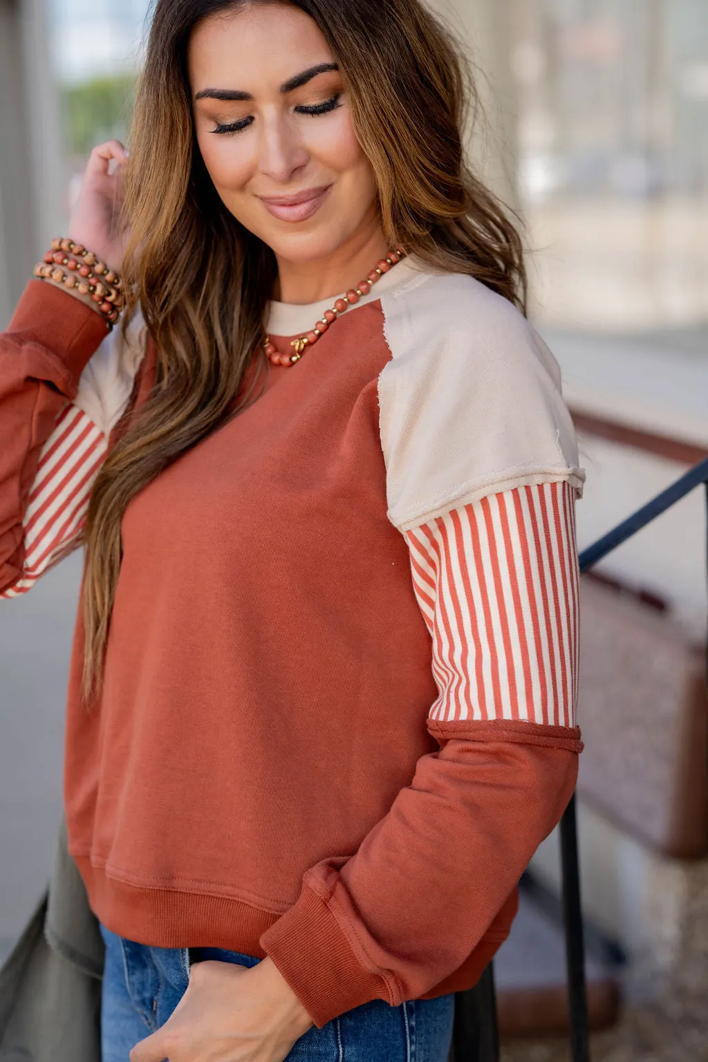 Hint Of Stripes Raw Stitched Crewneck