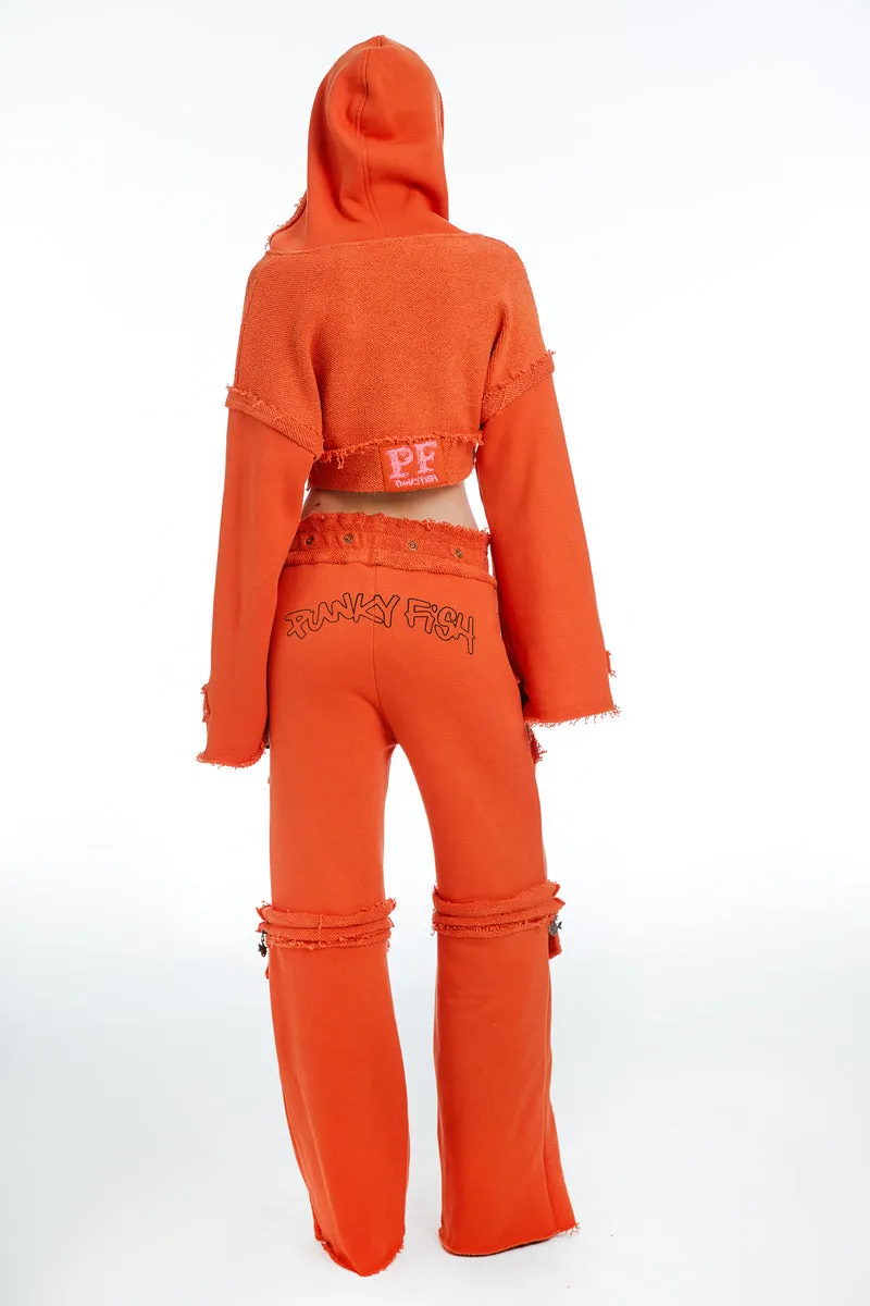 Hooded Cropped Sweatshirt and Joggers With Zipper Orange