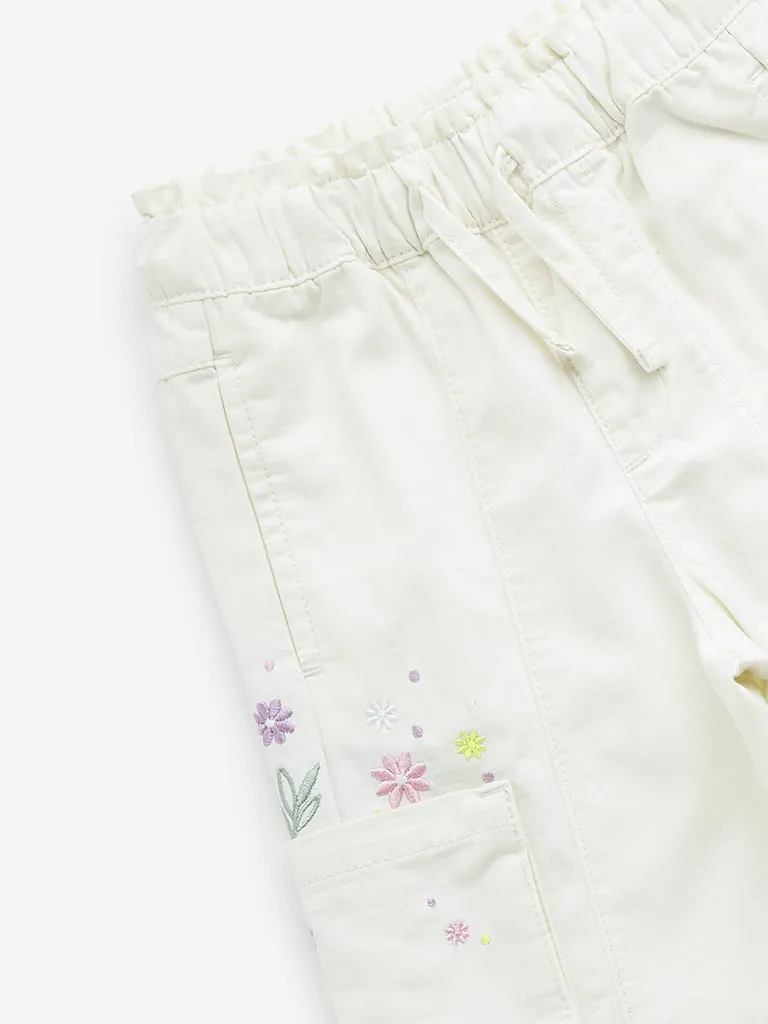 HOP Kids Off-White Floral Embroidered Mid-Rise Joggers