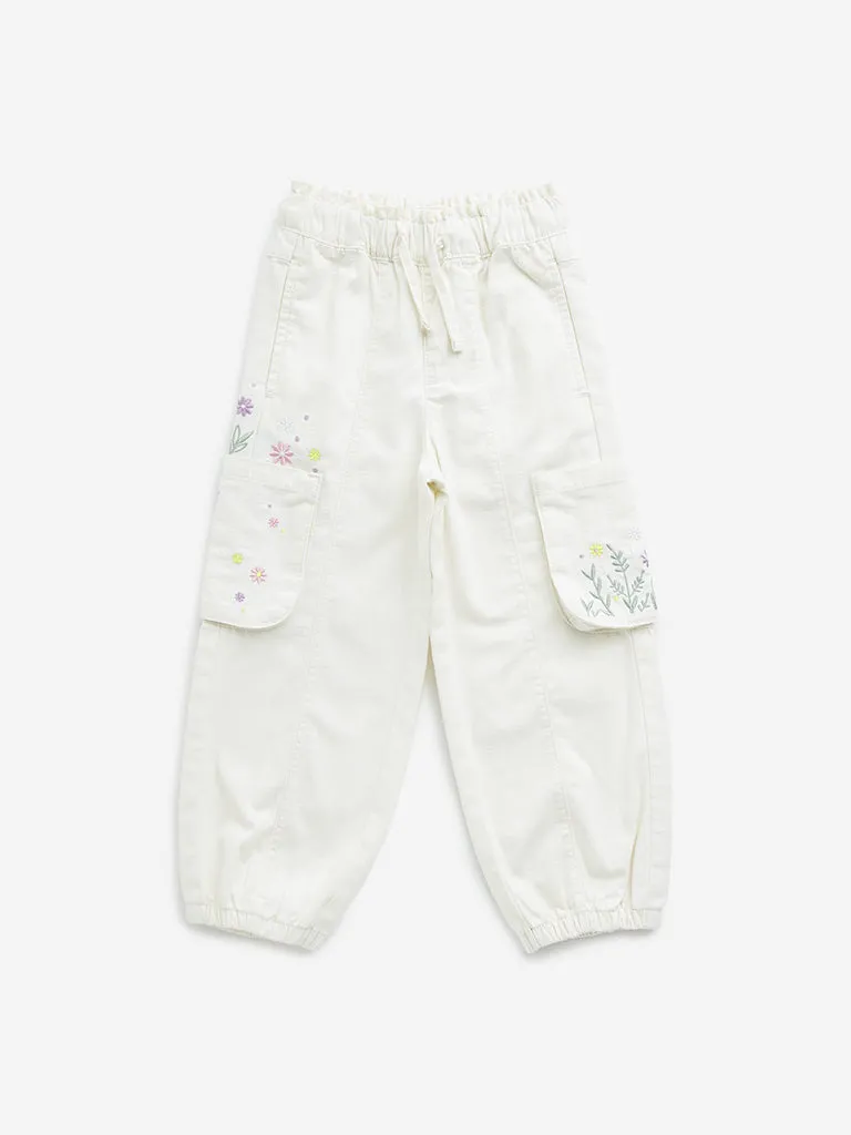 HOP Kids Off-White Floral Embroidered Mid-Rise Joggers