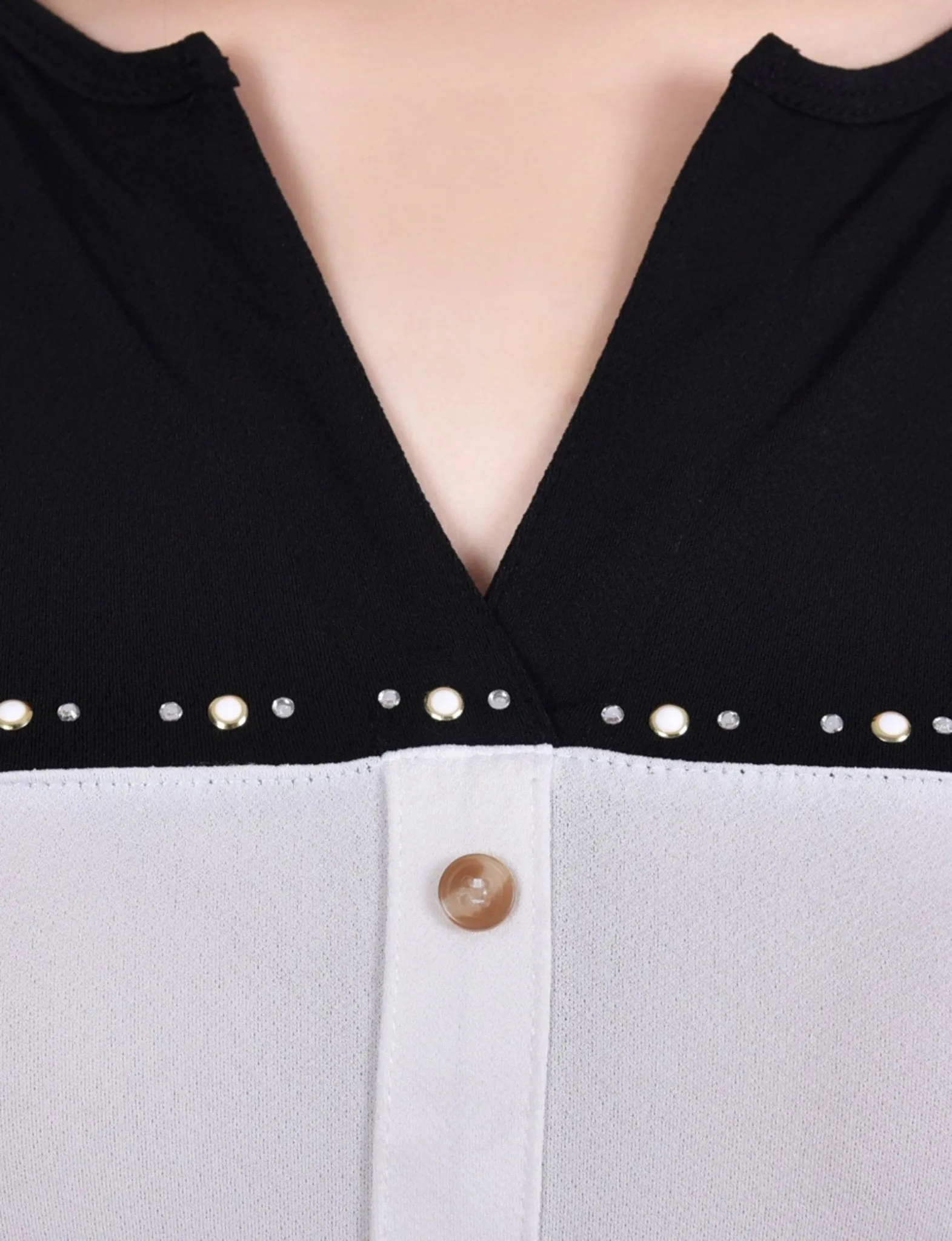 Ivory Long Sleeve Studded Colorblocked Split Neck Top