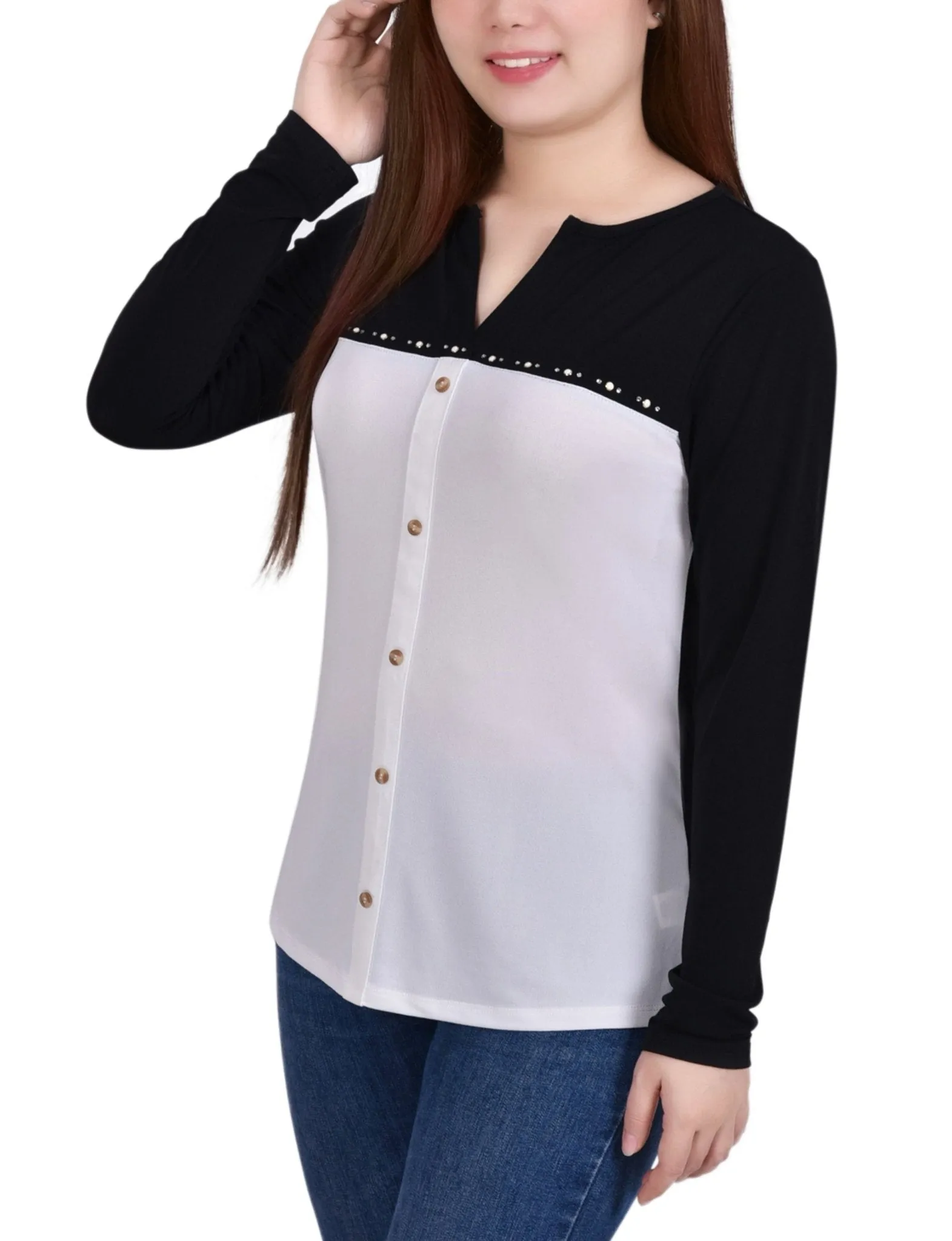 Ivory Long Sleeve Studded Colorblocked Split Neck Top