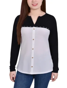 Ivory Long Sleeve Studded Colorblocked Split Neck Top