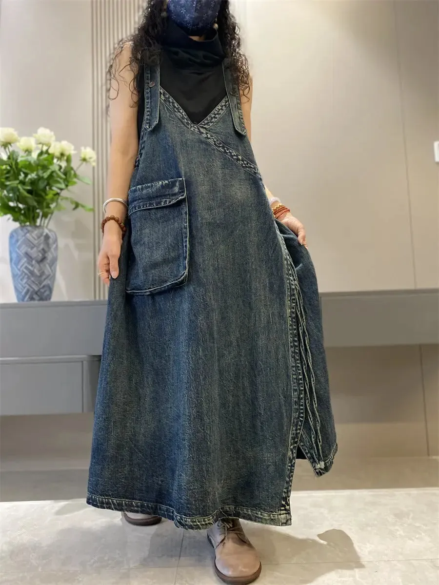 jean overall dress long denim jumper dress women's jean overall dress