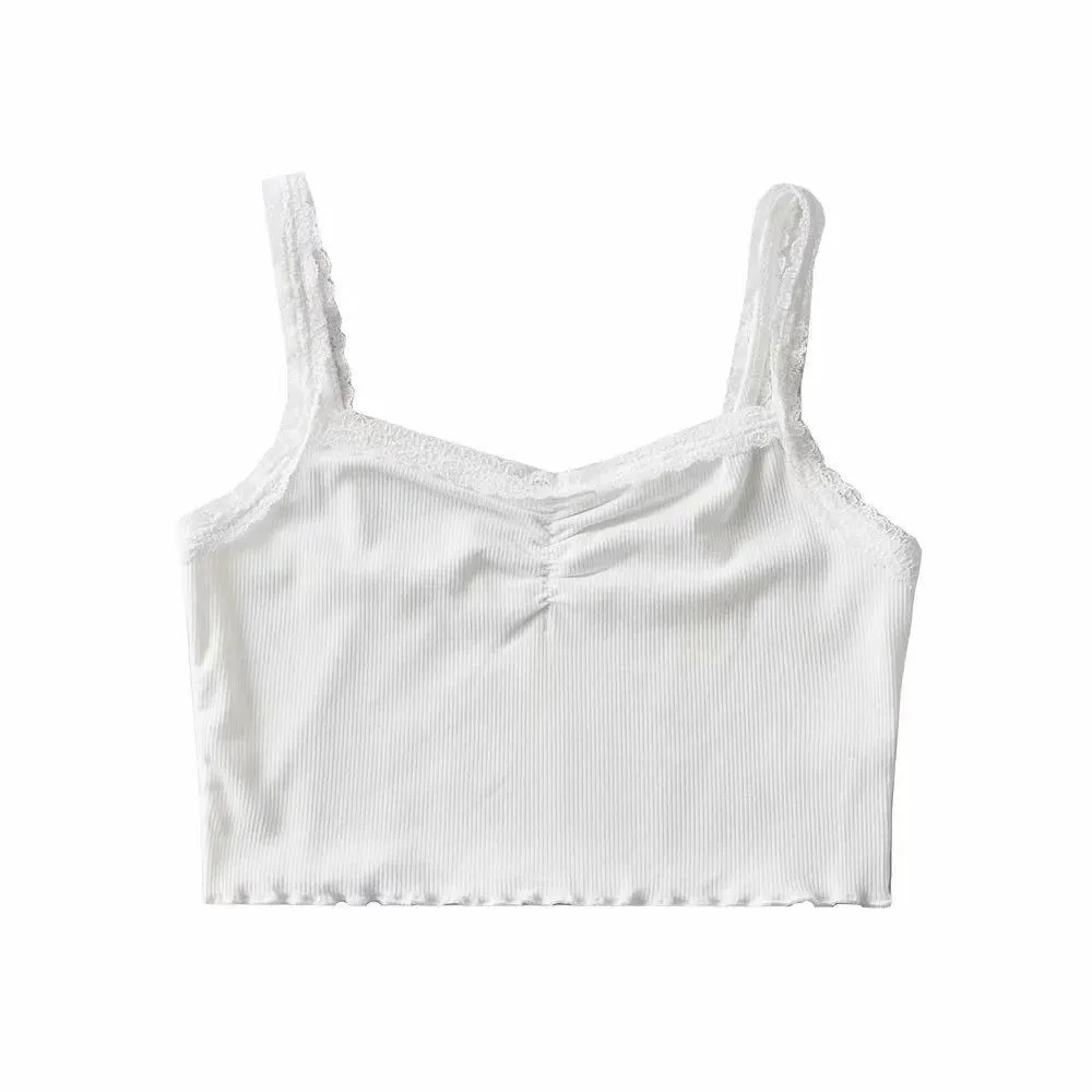 Lace Trimmed Ruched Tank Top